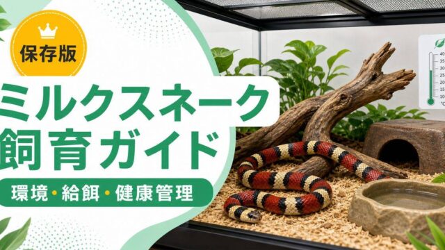 ミルクスネーク飼育完全ガイド！特徴・モルフ・飼育環境・餌・コーンスネークとの違いを徹底解説の要点を伝えるカメレオン・爬虫類記事アイキャッチ画像