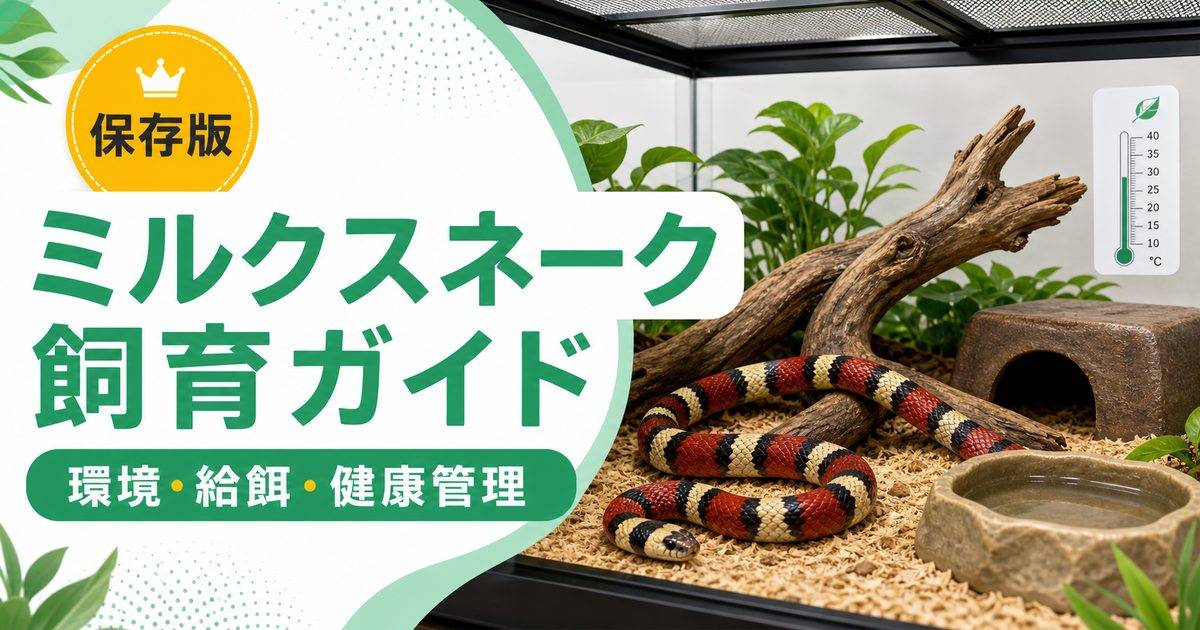 ミルクスネーク飼育完全ガイド！特徴・モルフ・飼育環境・餌・コーンスネークとの違いを徹底解説の要点を伝えるカメレオン・爬虫類記事アイキャッチ画像