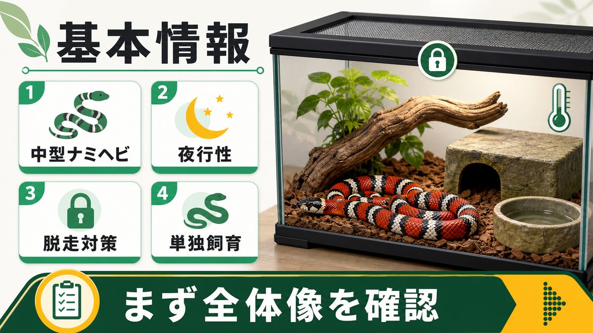 ミルクスネークの基本情報の要点をまとめたカメレオン・爬虫類飼育インフォグラフィック