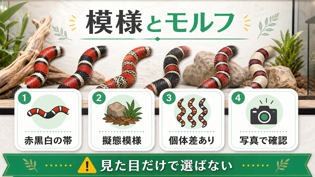 外見・モルフの特徴🎨の要点をまとめたカメレオン・爬虫類飼育インフォグラフィック