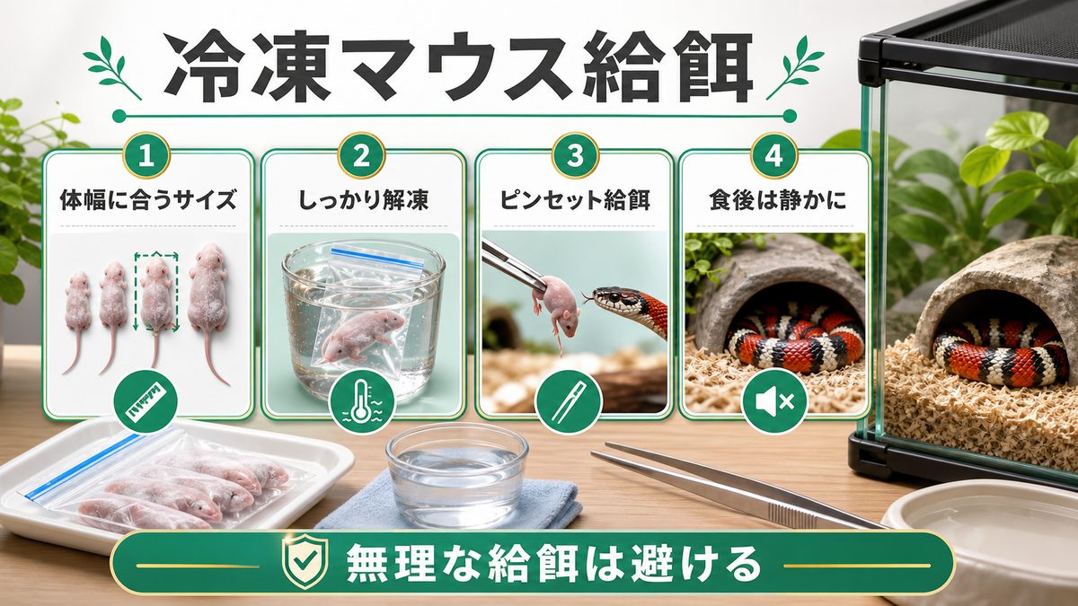 給餌(冷凍マウスの使い方)🐭の要点をまとめたカメレオン・爬虫類飼育インフォグラフィック