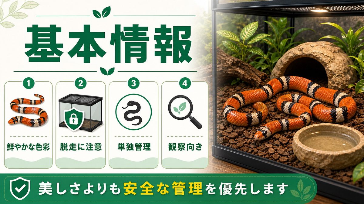 タンジェリンミルクスネークとは？基本情報を整理の要点をまとめたカメレオン・爬虫類飼育インフォグラフィック