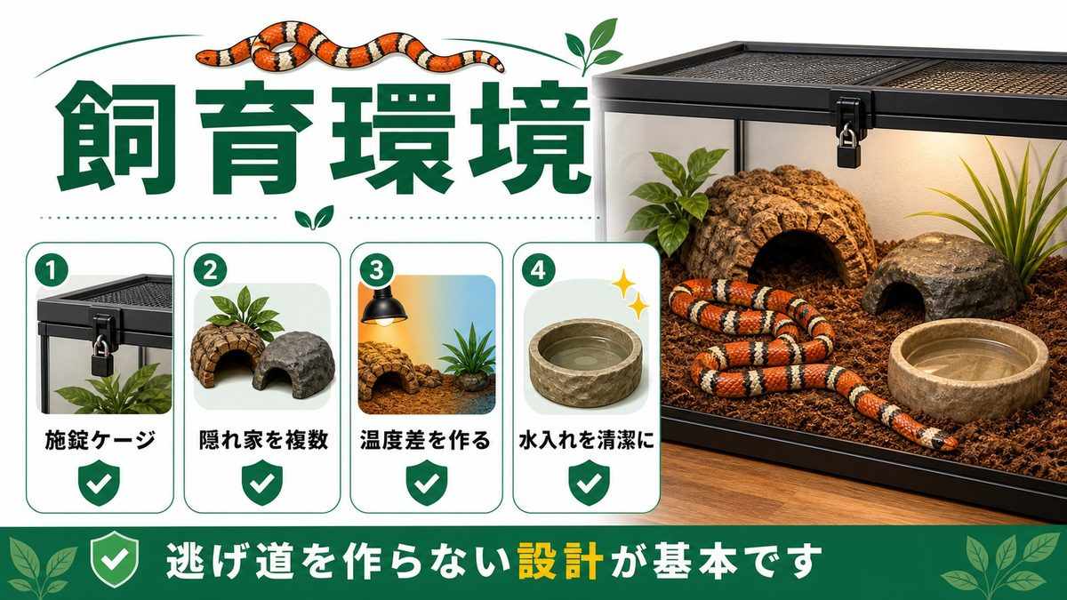 飼育環境のセッティング（ケージ・温度・湿度）の要点をまとめたカメレオン・爬虫類飼育インフォグラフィック