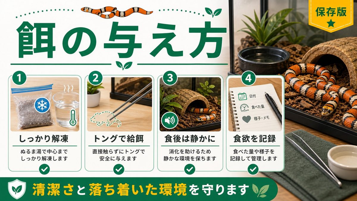 餌（冷凍マウス）の与え方と頻度の要点をまとめたカメレオン・爬虫類飼育インフォグラフィック