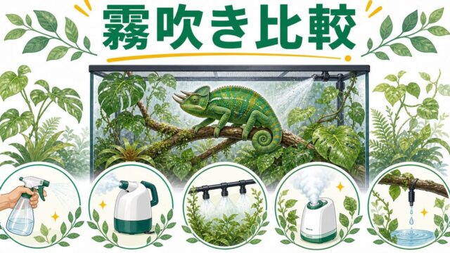 【完全比較】カメレオン用霧吹きおすすめ徹底ガイド！手動・電動・自動ミスト・フォガーの違いの要点を伝えるカメレオン・爬虫類記事アイキャッチ画像