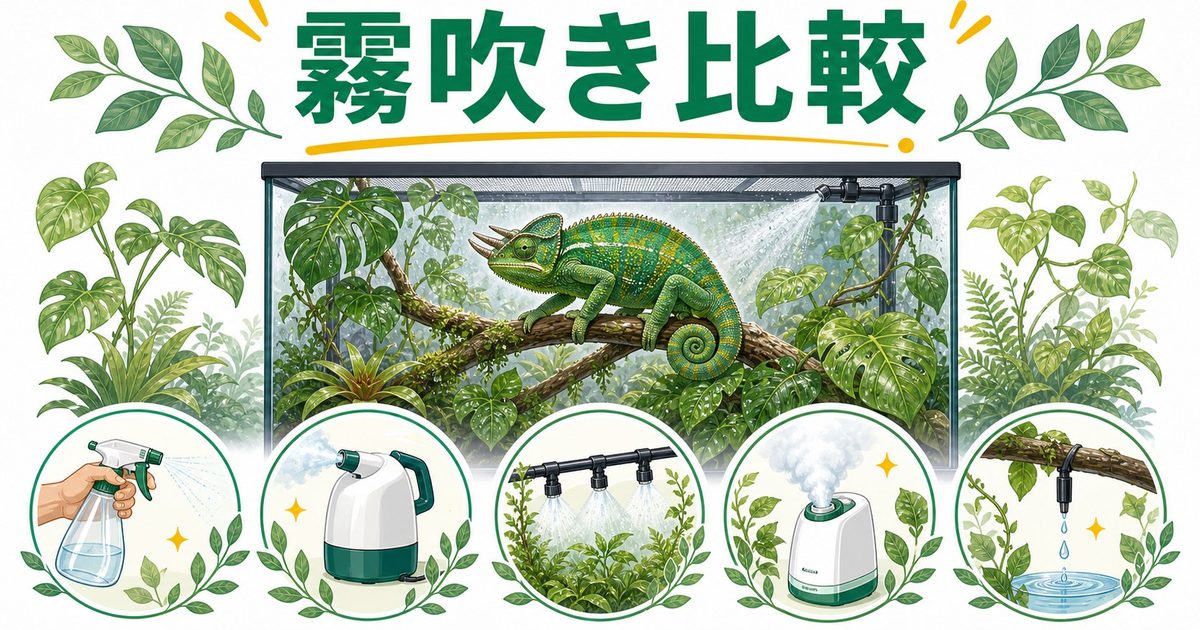 【完全比較】カメレオン用霧吹きおすすめ徹底ガイド！手動・電動・自動ミスト・フォガーの違いの要点を伝えるカメレオン・爬虫類記事アイキャッチ画像