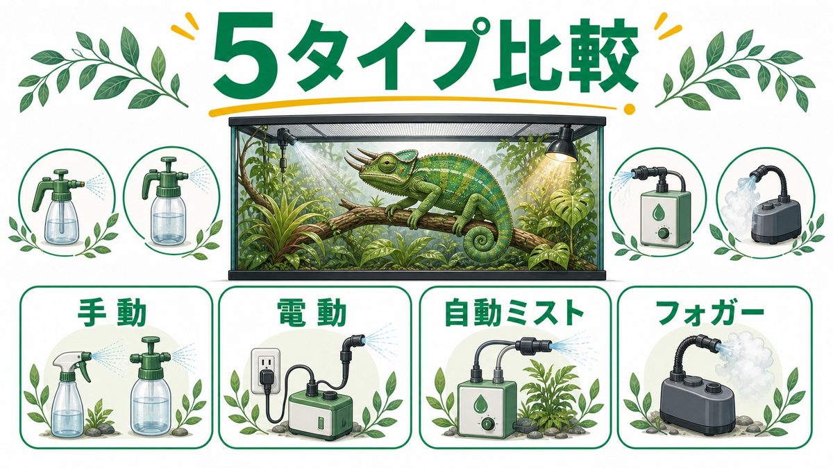 カメレオン用霧吹き5タイプを徹底比較の要点をまとめたカメレオン・爬虫類飼育インフォグラフィック