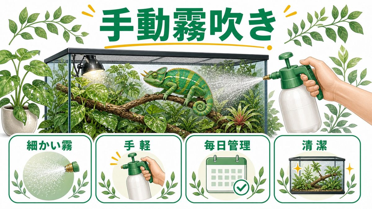 【タイプ1】手動霧吹きスプレー：王道のシンプル装備の要点をまとめたカメレオン・爬虫類飼育インフォグラフィック