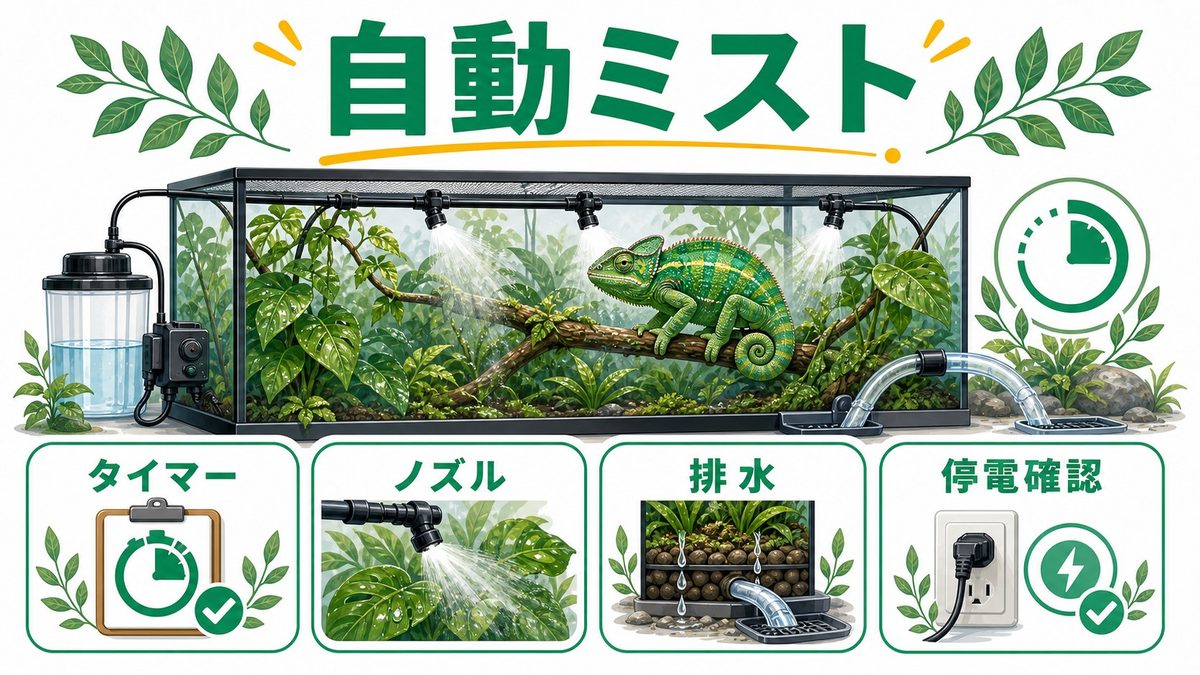 【タイプ3】自動ミストシステム：本格派の最終兵器の要点をまとめたカメレオン・爬虫類飼育インフォグラフィック