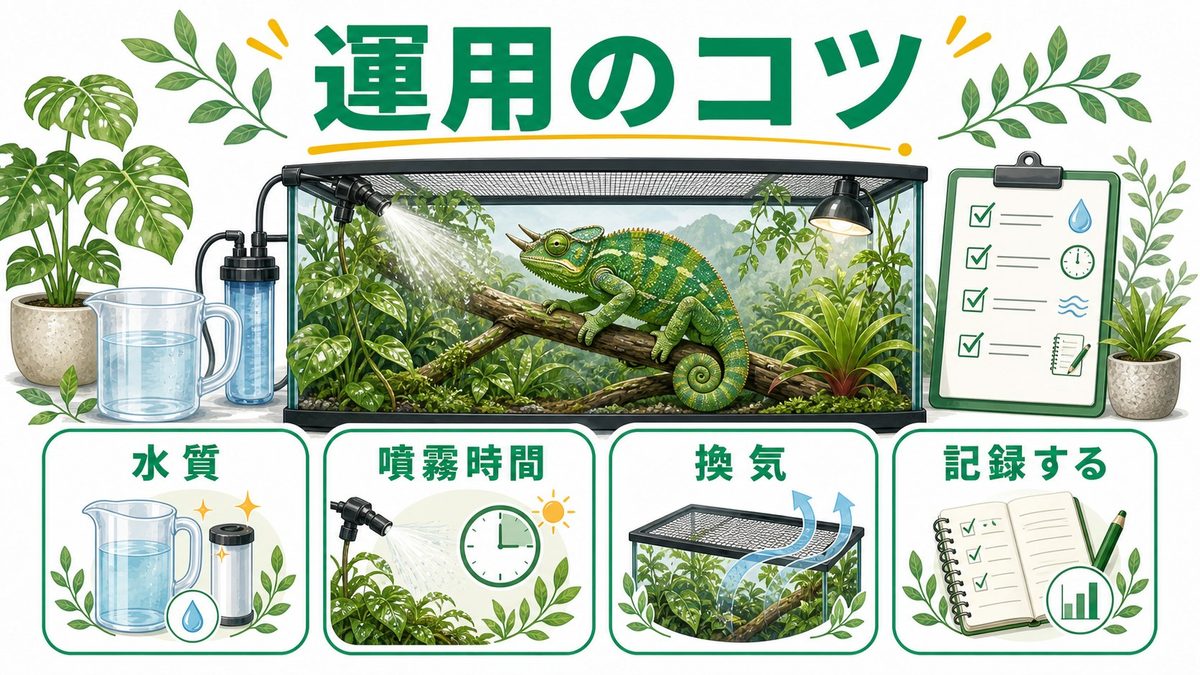 霧吹き運用で押さえるべき5つのコツの要点をまとめたカメレオン・爬虫類飼育インフォグラフィック
