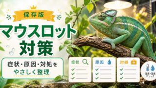 【カメレオン病気】マウスロット（口内炎）の特徴や応急処置・治し方・予防について解説！の要点を伝えるカメレオン・爬虫類記事アイキャッチ画像