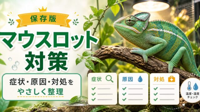 【カメレオン病気】マウスロット（口内炎）の特徴や応急処置・治し方・予防について解説！の要点を伝えるカメレオン・爬虫類記事アイキャッチ画像