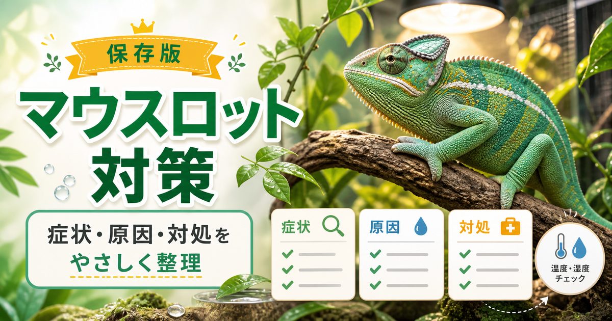 【カメレオン病気】マウスロット（口内炎）の特徴や応急処置・治し方・予防について解説！の要点を伝えるカメレオン・爬虫類記事アイキャッチ画像