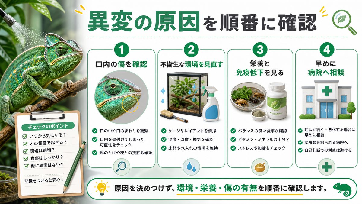 どうしてこんな事に！？マウスロットの原因とは？の要点をまとめたカメレオン・爬虫類飼育インフォグラフィック