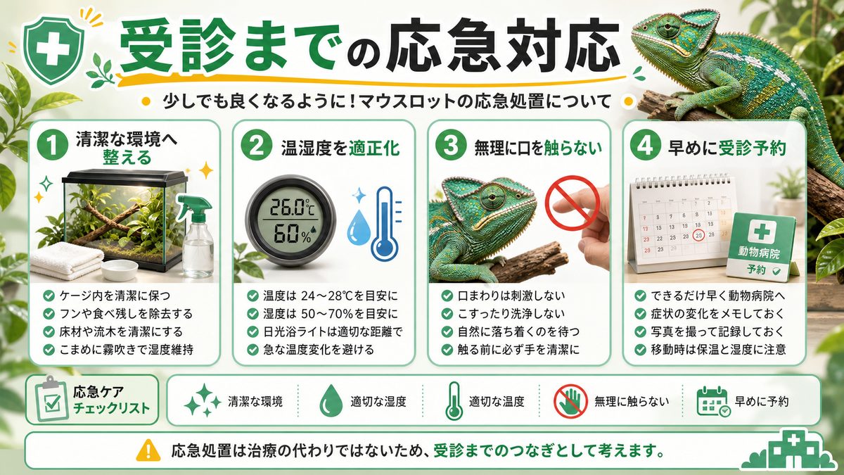 少しでも良くなるように！マウスロットの応急処置についての要点をまとめたカメレオン・爬虫類飼育インフォグラフィック