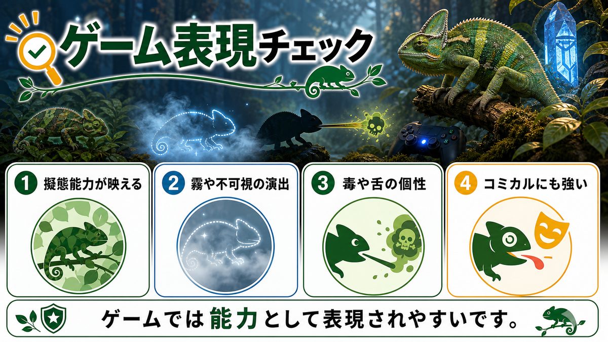 アニメやゲームの世界のカメレオンキャラクターについての要点をまとめたカメレオン・爬虫類飼育インフォグラフィック
