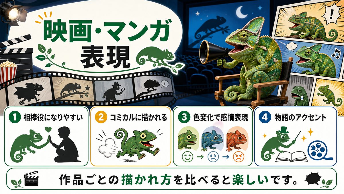 映画、マンガに出てくるカメレオンのキャラクターについての要点をまとめたカメレオン・爬虫類飼育インフォグラフィック