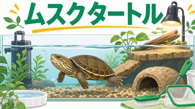 ムスクタートル（ニオイガメ）飼育完全ガイド！小型水棲ガメの特徴・水槽・餌と臭い対策の要点を伝えるカメレオン・爬虫類記事アイキャッチ画像