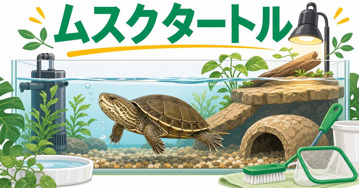 ムスクタートル（ニオイガメ）飼育完全ガイド！小型水棲ガメの特徴・水槽・餌と臭い対策の要点を伝えるカメレオン・爬虫類記事アイキャッチ画像