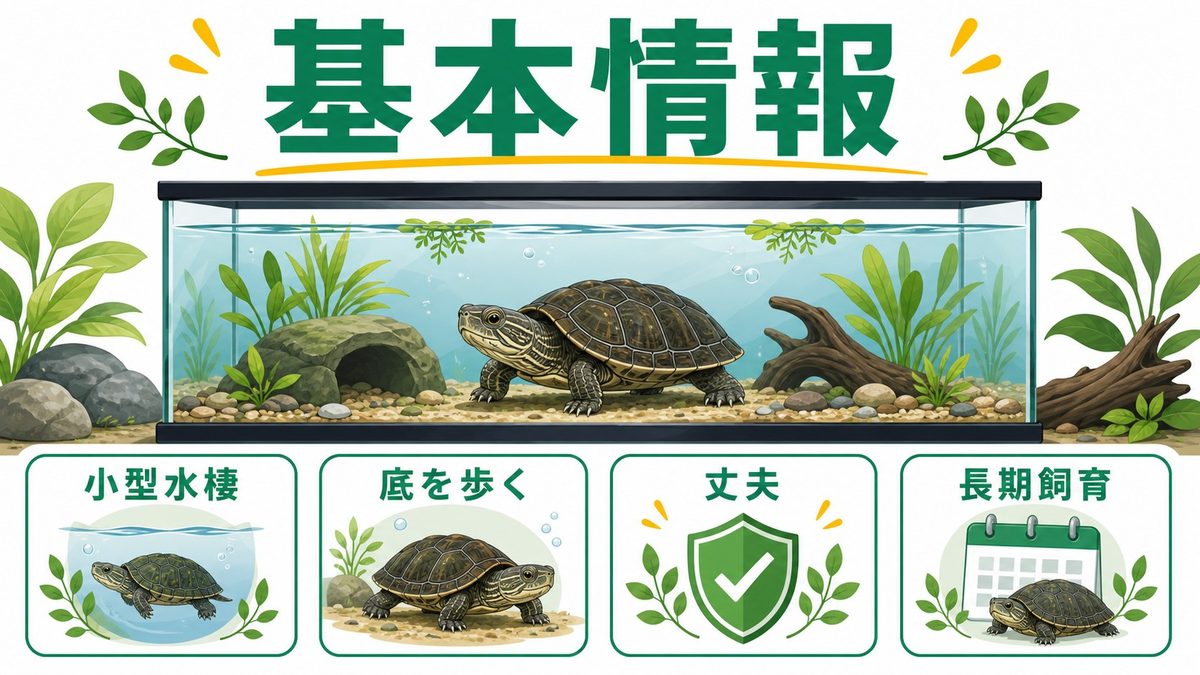 ムスクタートル（ニオイガメ）ってどんなカメ？の要点をまとめたカメレオン・爬虫類飼育インフォグラフィック