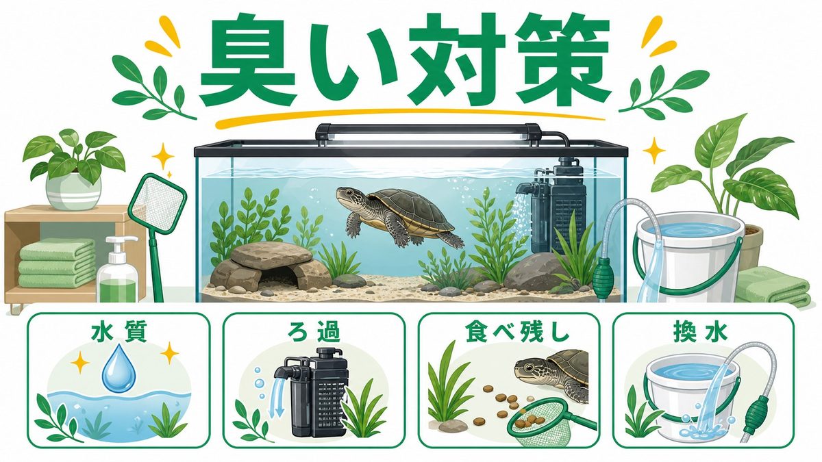 ニオイの仕組みと臭い対策——「ニオイガメ」ってどれくらい臭い？の要点をまとめたカメレオン・爬虫類飼育インフォグラフィック
