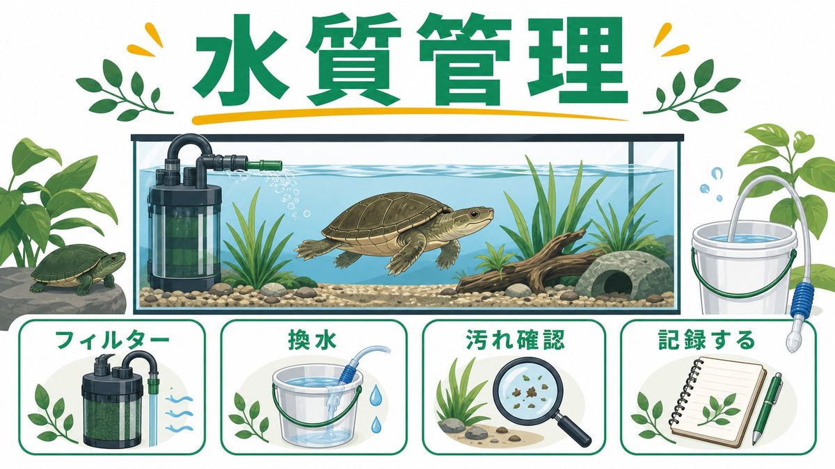 フィルター・水質管理——水換えはどのくらい必要？の要点をまとめたカメレオン・爬虫類飼育インフォグラフィック