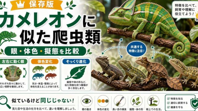 【カメレオンモドキ】カメレオンによく似た特徴を持つ爬虫類の性格・特徴を解説！【イロワケヤモリ】の要点を伝えるカメレオン・爬虫類記事アイキャッチ画像