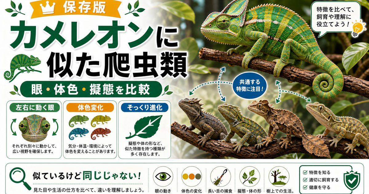 【カメレオンモドキ】カメレオンによく似た特徴を持つ爬虫類の性格・特徴を解説！【イロワケヤモリ】の要点を伝えるカメレオン・爬虫類記事アイキャッチ画像