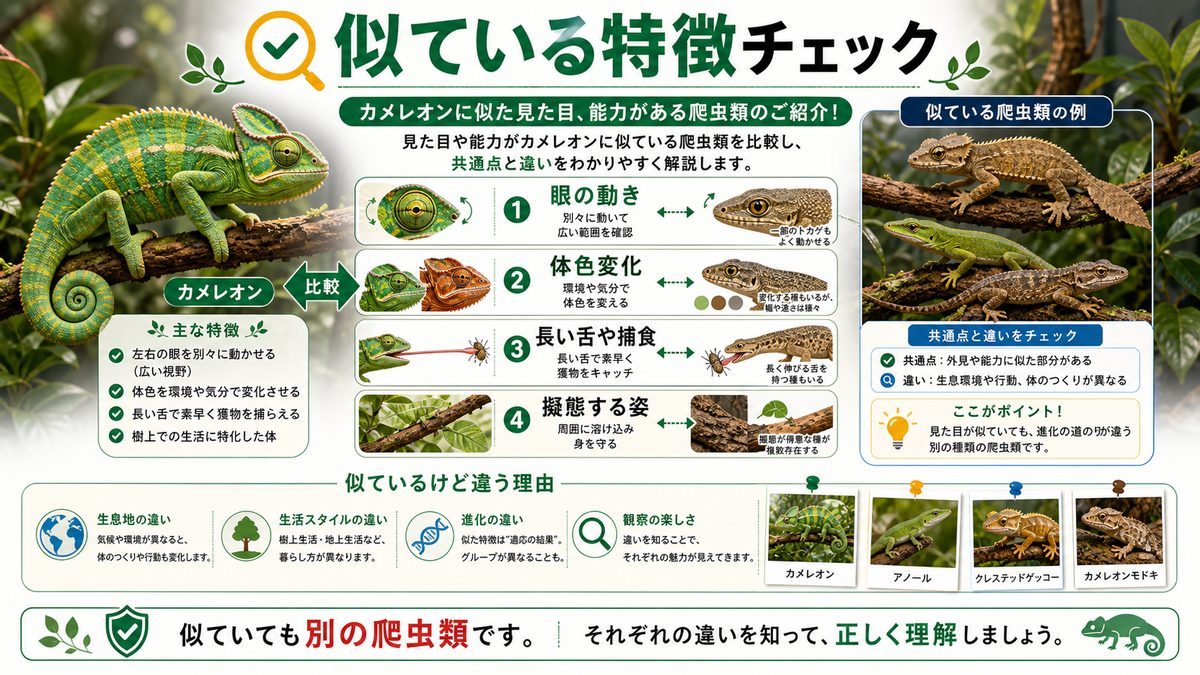 カメレオンに似た見た目、能力がある爬虫類のご紹介!の要点をまとめたカメレオン・爬虫類飼育インフォグラフィック