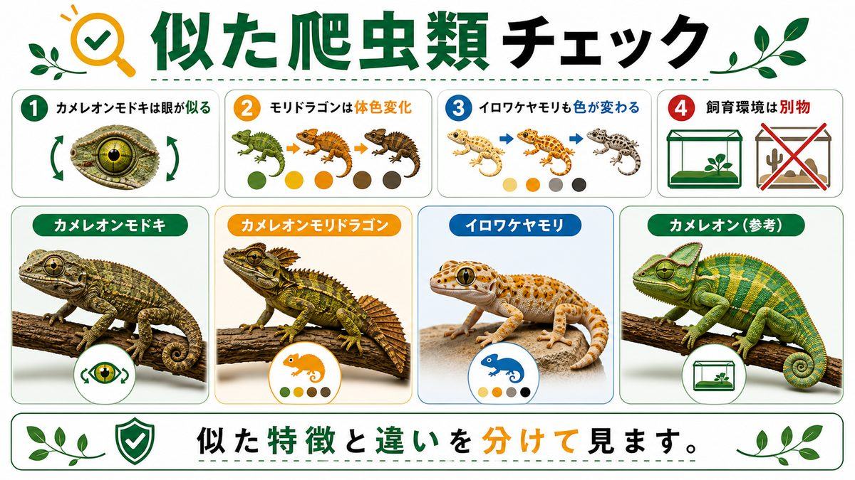 カメレオンによく似た特徴を持つ爬虫類のご紹介の要点をまとめたカメレオン・爬虫類飼育インフォグラフィック