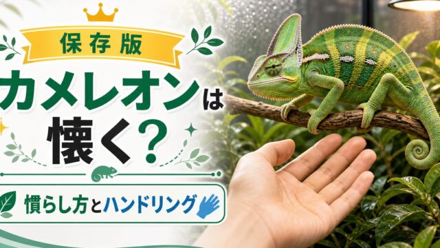【カメレオンは人に懐く？】ハンドリングの仕方は？人に慣れてもらうためにすべきこと・手順を解説！の要点を伝えるカメレオン・爬虫類記事アイキャッチ画像