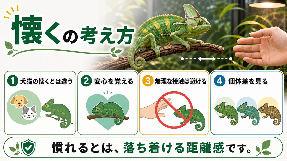 カメレオンは懐くの？の要点をまとめたカメレオン・爬虫類飼育インフォグラフィック