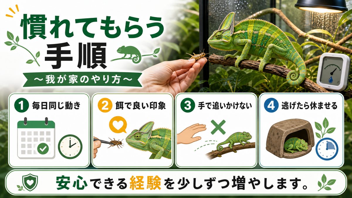 カメレオンに慣れてもらうには？〜我が家のやり方〜の要点をまとめたカメレオン・爬虫類飼育インフォグラフィック