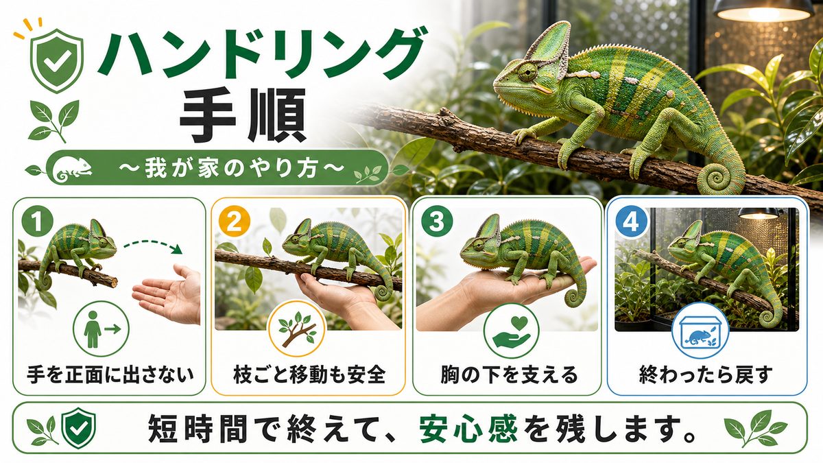 カメレオンのハンドリングの手順〜我が家のやり方〜の要点をまとめたカメレオン・爬虫類飼育インフォグラフィック