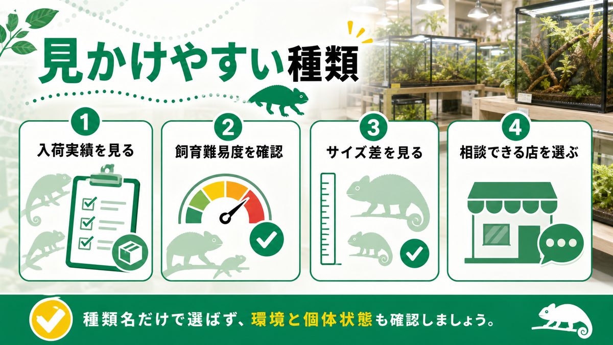 現在見かける事ができるカメレオンの種類の要点をまとめたカメレオン・爬虫類飼育インフォグラフィック