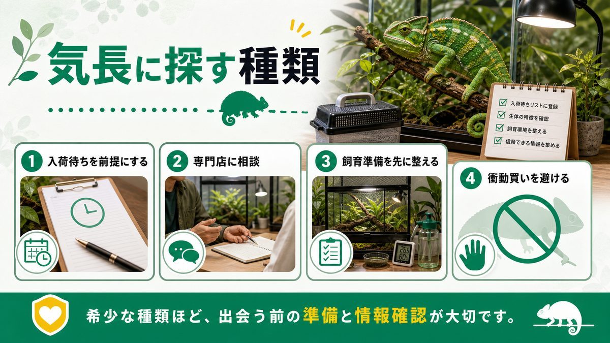かなり辛抱強くまてば現在でもお迎えできる種類の要点をまとめたカメレオン・爬虫類飼育インフォグラフィック