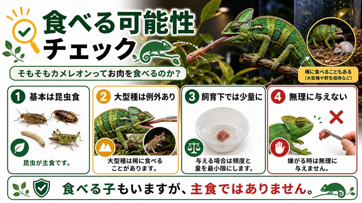 そもそもカメレオンってお肉を食べるのか？の要点をまとめたカメレオン・爬虫類飼育インフォグラフィック