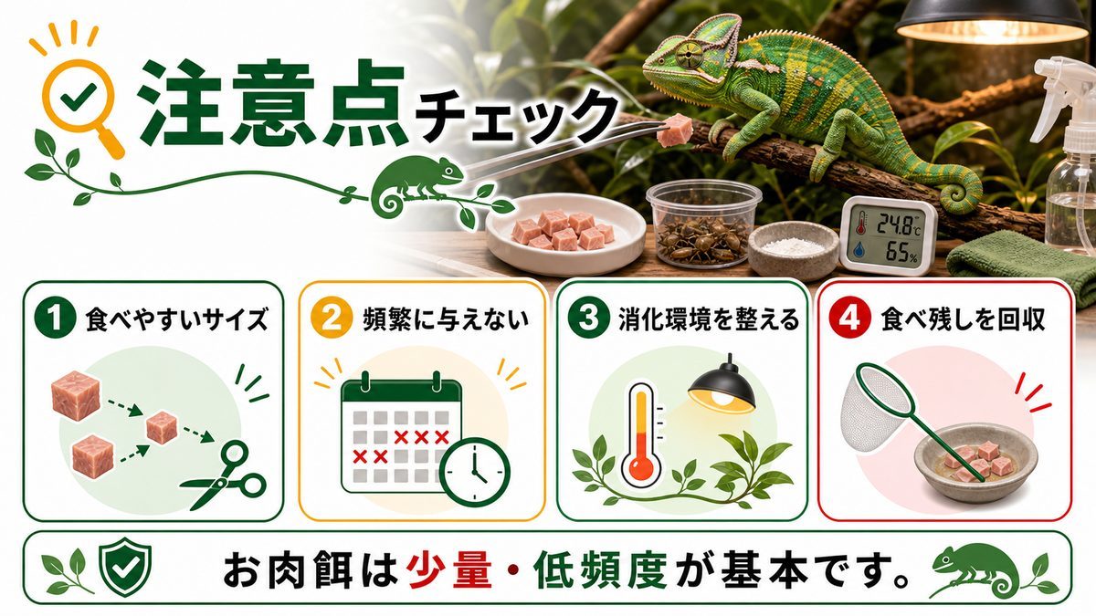 お肉を与える時の注意点についての要点をまとめたカメレオン・爬虫類飼育インフォグラフィック