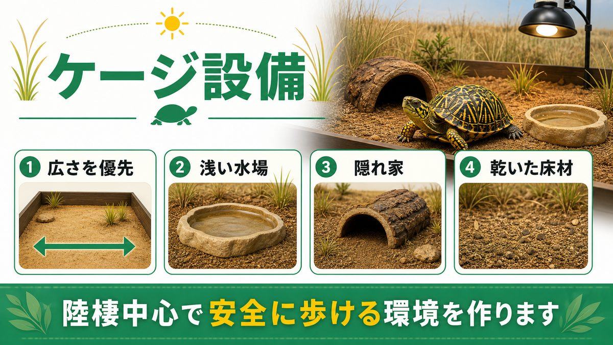 🏠 ケージ・設備の選び方の要点をまとめたカメレオン・爬虫類飼育インフォグラフィック