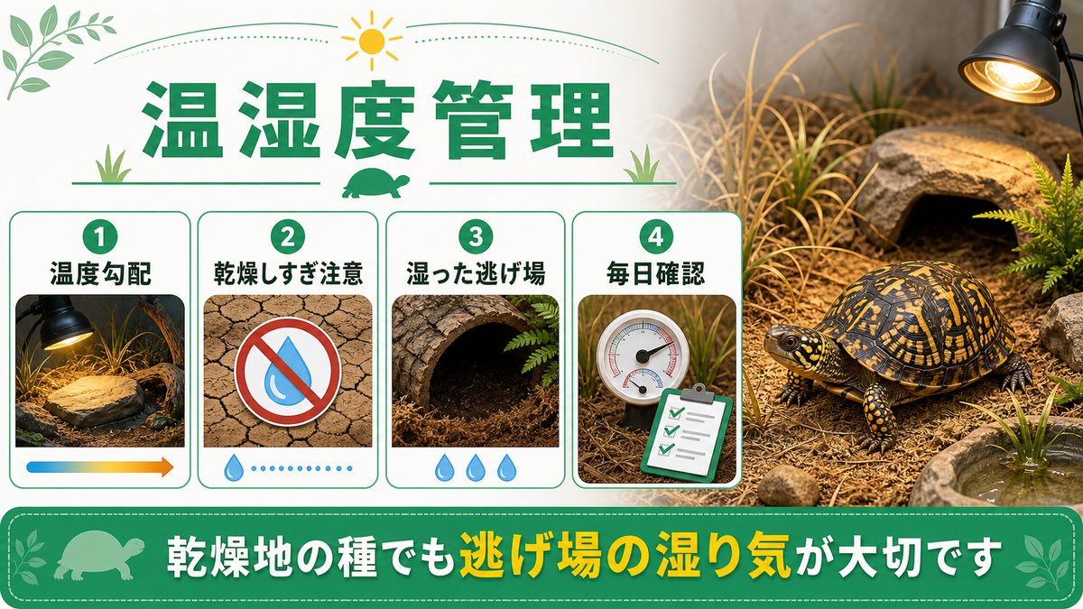 🌡️ 温度・湿度の管理方法の要点をまとめたカメレオン・爬虫類飼育インフォグラフィック