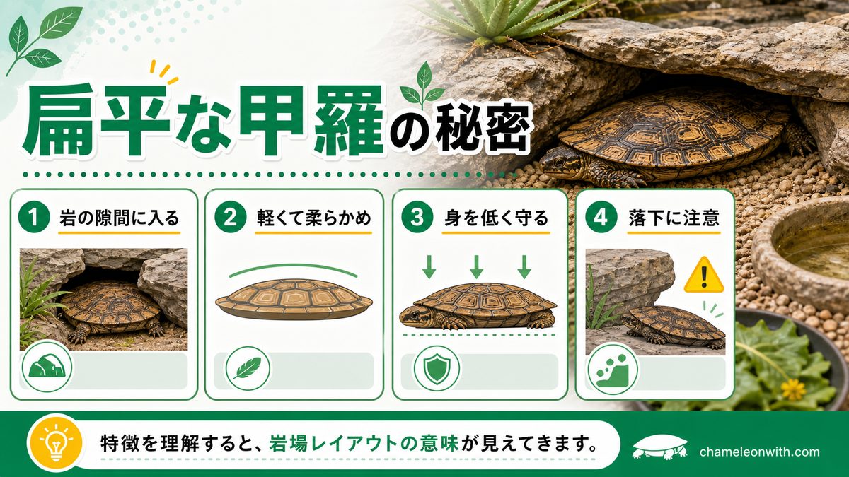 扁平な甲羅の秘密 ── 生物学的な仕組みの要点をまとめたカメレオン・爬虫類飼育インフォグラフィック
