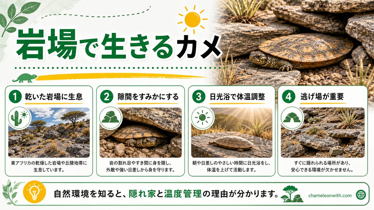 自然環境と生態 ── アフリカの岩場で生きるの要点をまとめたカメレオン・爬虫類飼育インフォグラフィック