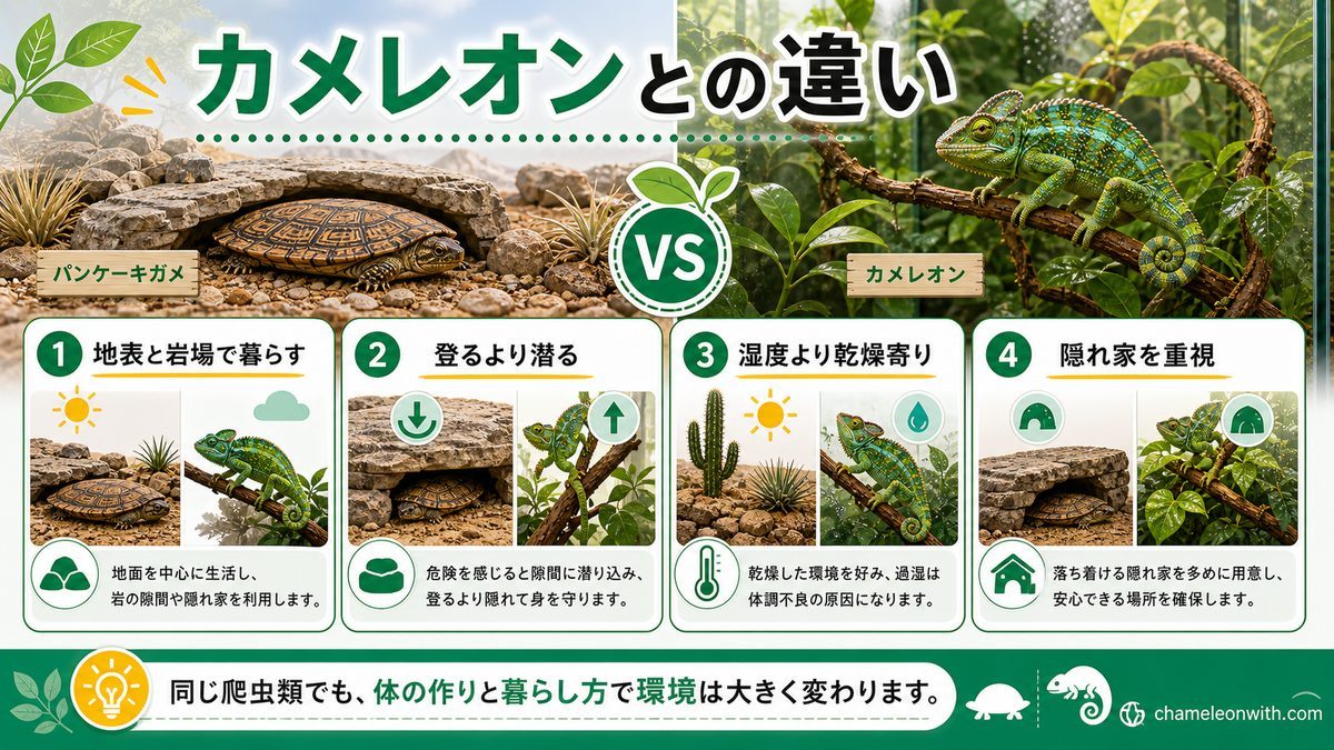 性格・行動と、カメレオンとの違いの要点をまとめたカメレオン・爬虫類飼育インフォグラフィック