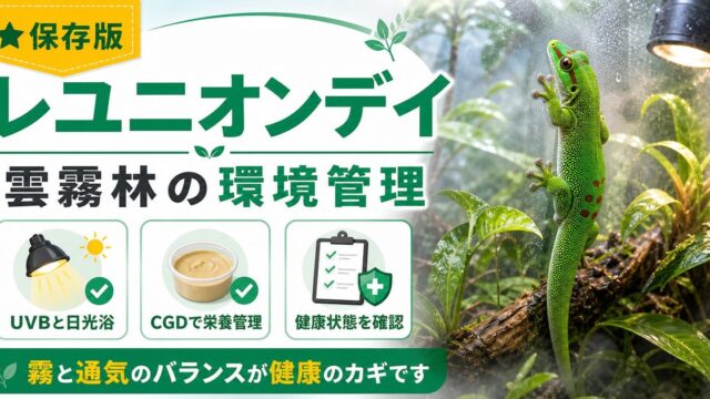 レユニオンデイゲッコー（Phelsuma borbonica）飼育完全ガイド！レユニオン島固有種の特徴・ケージ・餌・繁殖を徹底解説の要点を伝えるカメレオン・爬虫類記事アイキャッチ画像