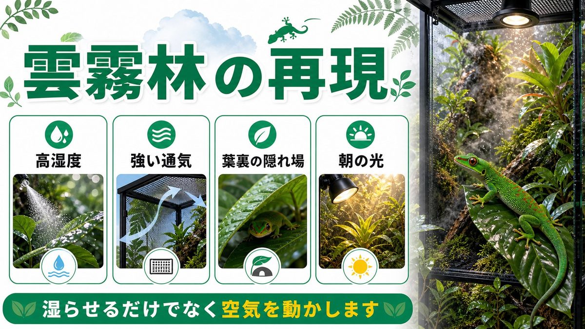 飼育環境のセットアップ：雲霧林を再現するの要点をまとめたカメレオン・爬虫類飼育インフォグラフィック