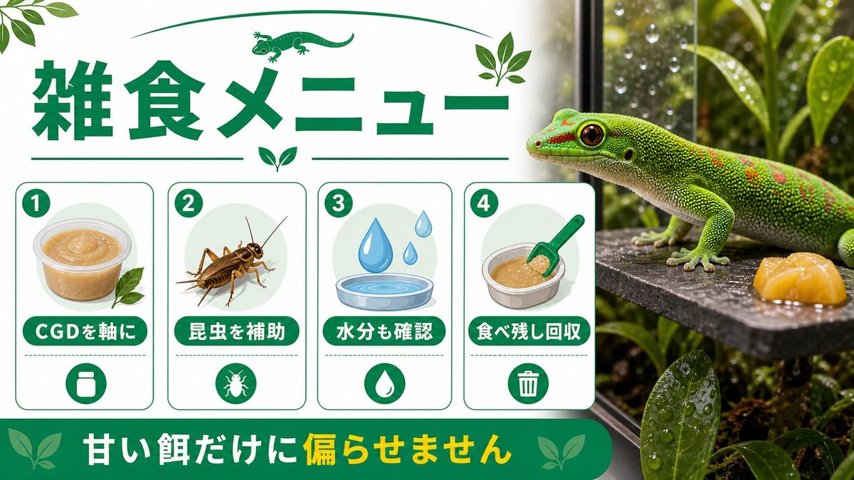 餌：CGDを軸にした雑食メニューの要点をまとめたカメレオン・爬虫類飼育インフォグラフィック