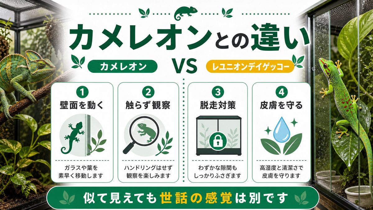 カメレオン飼育者にこそ伝えたい注意点の要点をまとめたカメレオン・爬虫類飼育インフォグラフィック