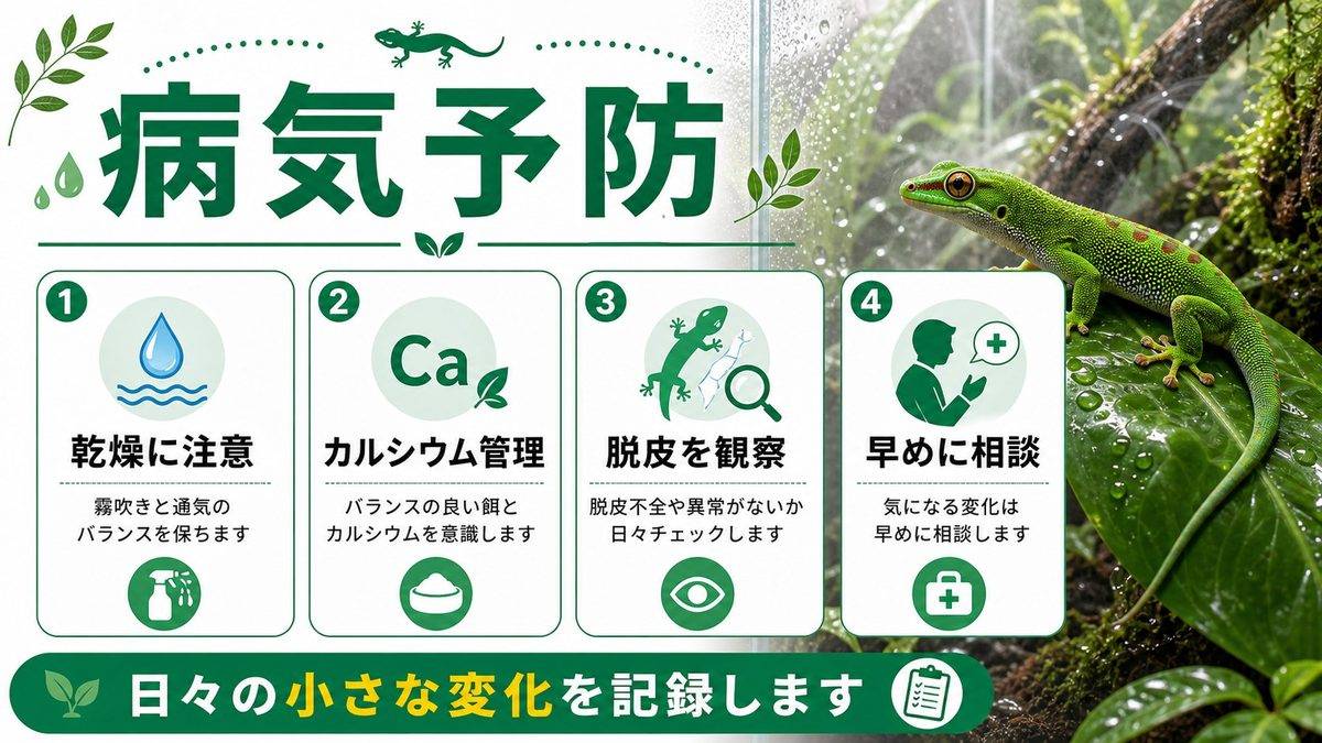かかりやすい病気・トラブルと予防の要点をまとめたカメレオン・爬虫類飼育インフォグラフィック