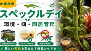 スペックルデイゲッコー（Phelsuma guttata）飼育完全ガイド！マダガスカルの斑点模様デイゲッコーの特徴・ケージ・餌・繁殖を徹底解説の要点を伝えるカメレオン・爬虫類記事アイキャッチ画像