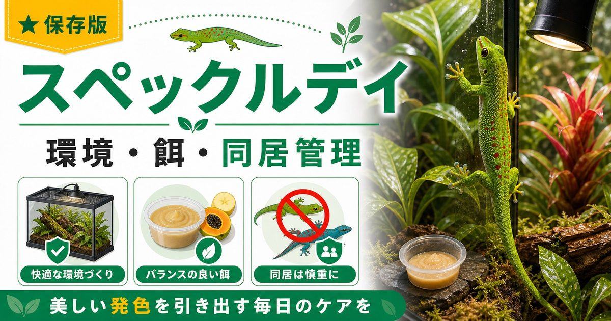 スペックルデイゲッコー（Phelsuma guttata）飼育完全ガイド！マダガスカルの斑点模様デイゲッコーの特徴・ケージ・餌・繁殖を徹底解説の要点を伝えるカメレオン・爬虫類記事アイキャッチ画像